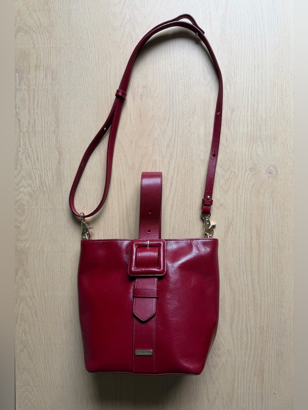 Brahmin Vintage Red Leather Crossbody Bucket Bag with Front Buckle